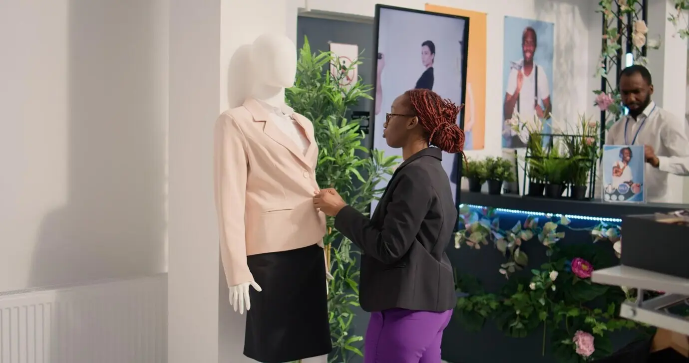 Сотрудник поправляет пуговицы на блейзере.