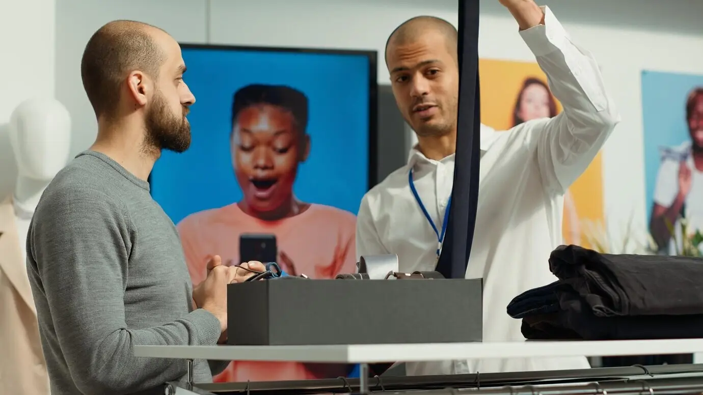 Сотрудник магазина демонстрирует молодому покупателю-мужчине все модели галстуков.